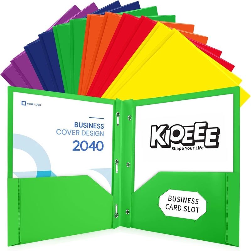 KIOEEE Heavy Duty Plastic Folders with 2 Pockets and 3 Prongs (12 Pack),Fit Letter Size Paper, Business Card Slot, Assorted Colors for School,Office and Home - Image 1
